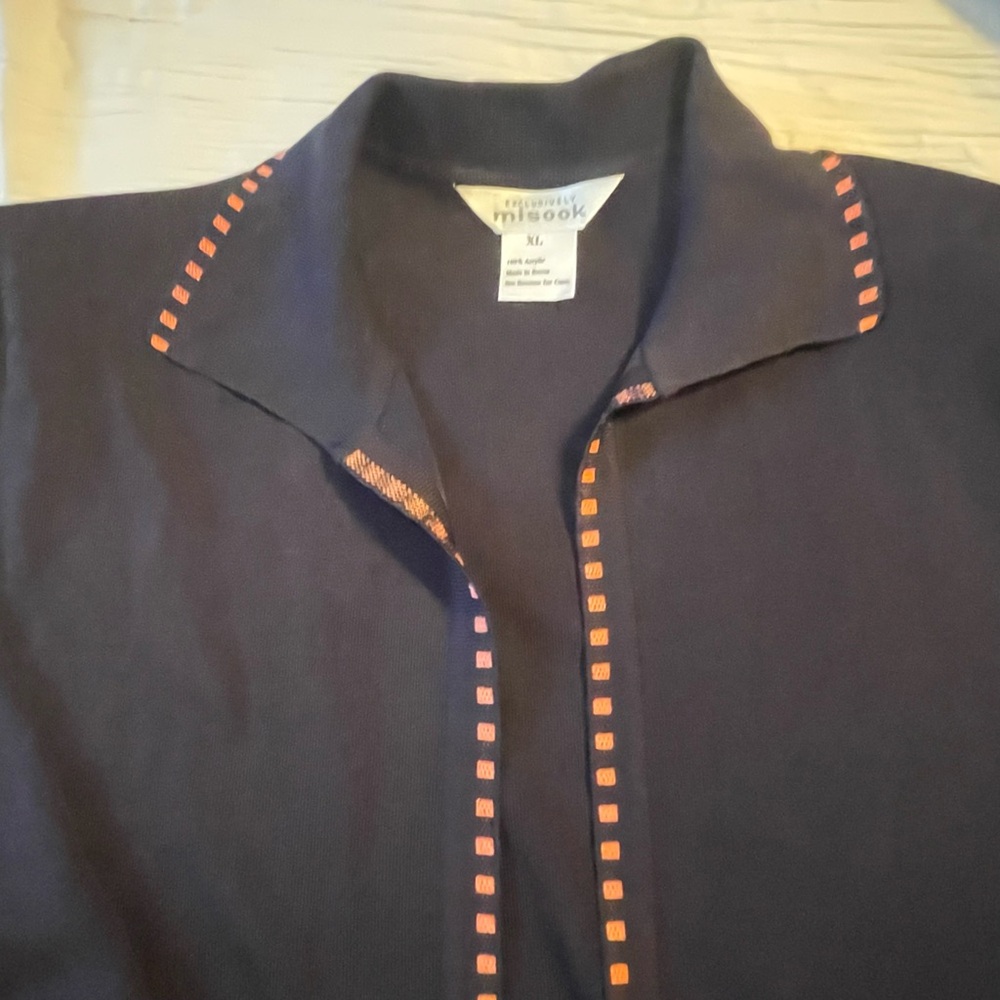 Misook black cardigan jacket pink trim open front size XL